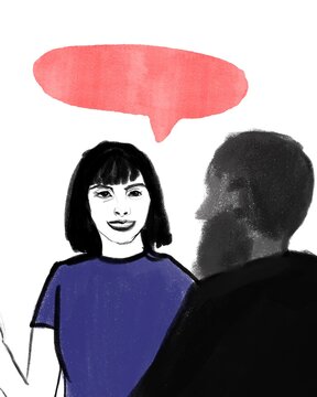 Hand drawn woman talking to man with red speech bubble. Conversation and interpersonal communication concept