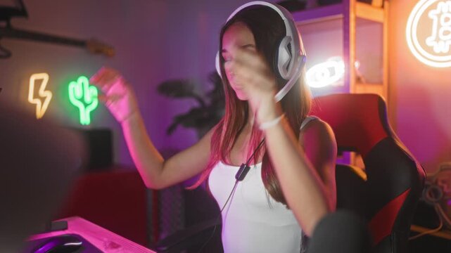 Young hispanic woman wearing headset, smiling with hand on mouse at computer in a studio gaming setup lit by neon signs; focus entertainment.