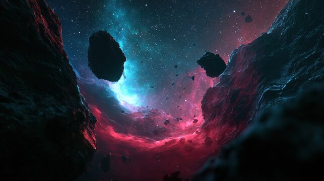 Traveling through glowing asteroid shapes toward a nebula amid deep space with many layers and visual depth in this cosmic scene