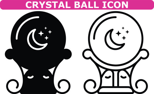 Minimalist Black and White Crystal Ball Icon with Crescent Moon and Stars mystical symbols tarot design esoteric graphics occult art fantasy illustration