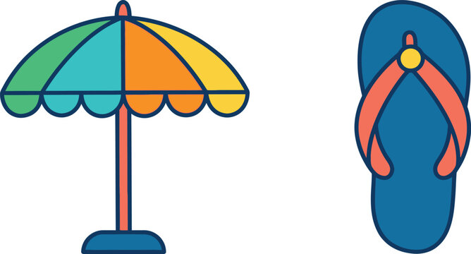 Colorful beach umbrella and a single blue flip flop sandal isolated on a white background