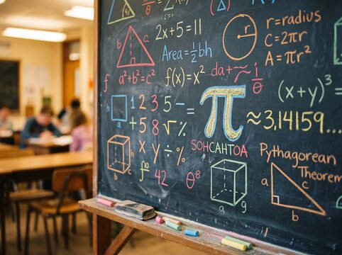 Pi Day Equations on Colorful Classroom Chalkboard