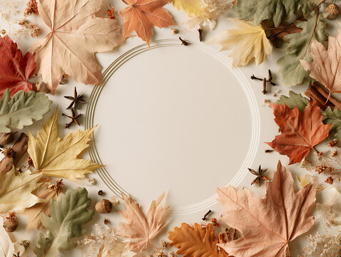 Colorful leaves surround a blank space on a table with small decorative items in a warm, cozy setting