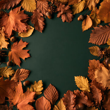 Colorful autumn leaves arranged around a dark background for decoration or display