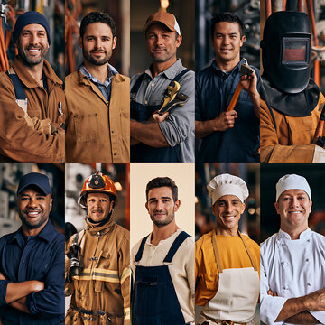 Labor day celebration featuring different workers in various trades and professions in a workshop setting