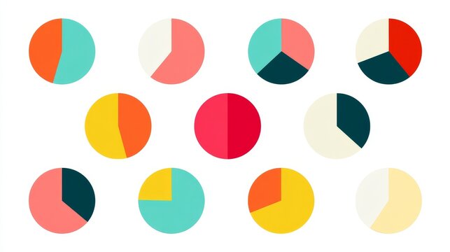 Colorful pie chart set featuring circular diagrams divided into 2, 3, 4, 5, and 6 sections for infographics, UI design, web interfaces, and business presentations. Vector illustration.