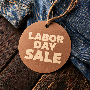 Labor Day sale tag on denim fabric shown on wooden surface for celebration and shopping