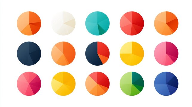 Colorful pie chart set featuring circular diagrams divided into 2, 3, 4, 5, and 6 sections for infographics, UI design, web interfaces, and business presentations. Vector illustration.