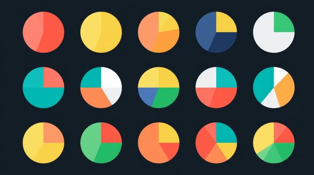 Colorful pie chart set featuring circular diagrams divided into 2, 3, 4, 5, and 6 sections for infographics, UI design, web interfaces, and business presentations. Vector illustration.