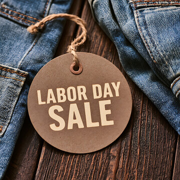 Labor day sale tag on denim fabric with wood background