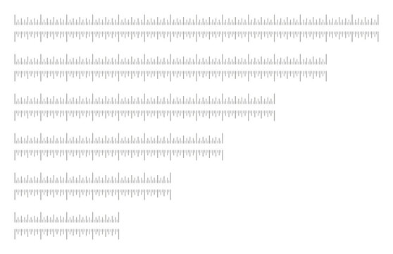 Measuring flat charts 4, 6, 8, 10, 12, 14 inches set. Ruler scales four, six, eight, ten, twelve, fourteen inch icons simple layouts. Length measurement math, distance, height. Sewing tool.