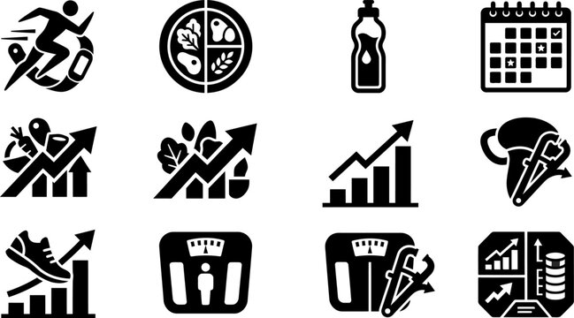 Set of fitness and nutrition icons featuring running diet planning calorie counting weight tracking healthy lifestyle progress charts calorie counter health progre