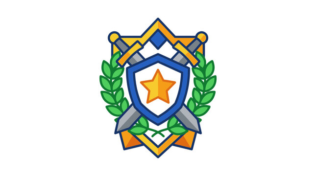 Shield emblem with swords and star.