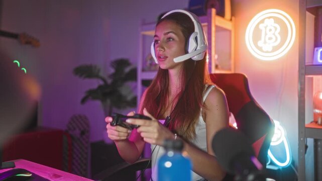 Woman wearing headset holding a game controller and raising a fist while smiling in a streaming studio with neon lights and chair; joyful celebration.