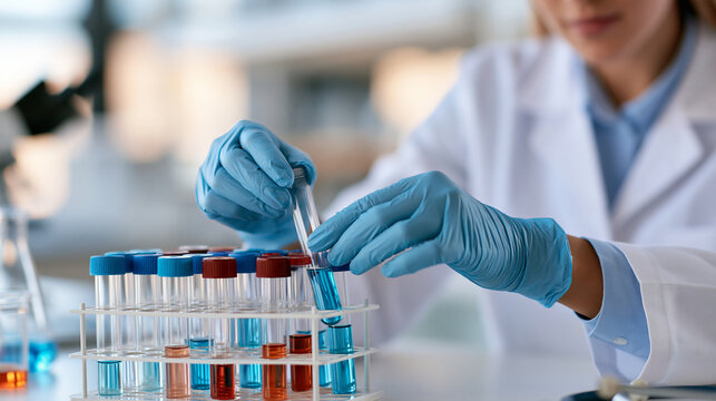 Female faceless scientist sitting at lab desk organizing test tubes with samples in modern bright laboratory, defocused specimen management, systematic sample organization, with
