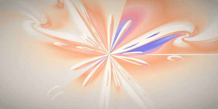 Orange metaballs orbit a spiral vortex in pastel relief, with a glassy kaleidoscope glow.