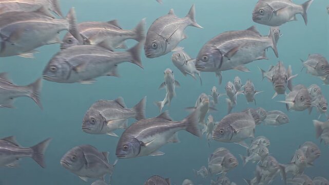 School of silver fish swimming gracefully in clear blue ocean water