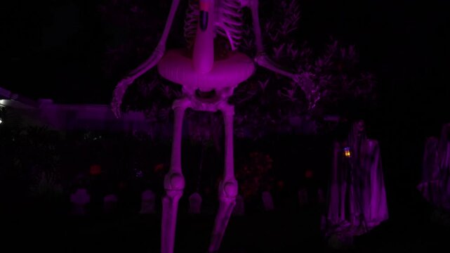 Close-up Halloween yard scene with a giant skeleton, glowing eyes, and a pink flamingo float. Purple LED lights illuminate the spooky outdoor decoration against dark trees.