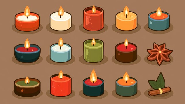 Scented candles cartoon vector icon set featuring various candle jars, wax designs, flames, decorative containers, and aromatic home fragrance elements.