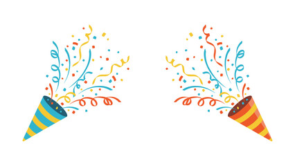 Obraz premium Two party poppers with exploding colorful confetti and streamers, flat on white background celebration