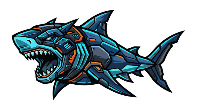 Mechanical armored shark mascot design with glowing blue neon accents