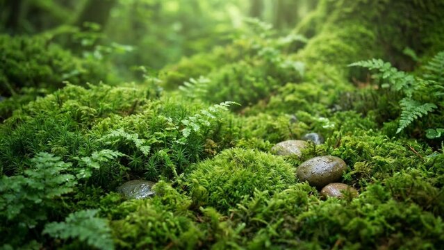 Lush Green Moss and Ferns Covering Forest Floor with Wet Pebbles