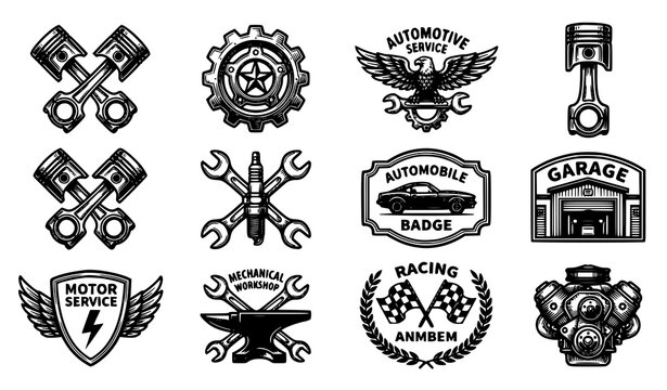 Vintage Automotive Service and Engine Repair Logo Collection with Crossed Pistons and Gear Vector Emblems