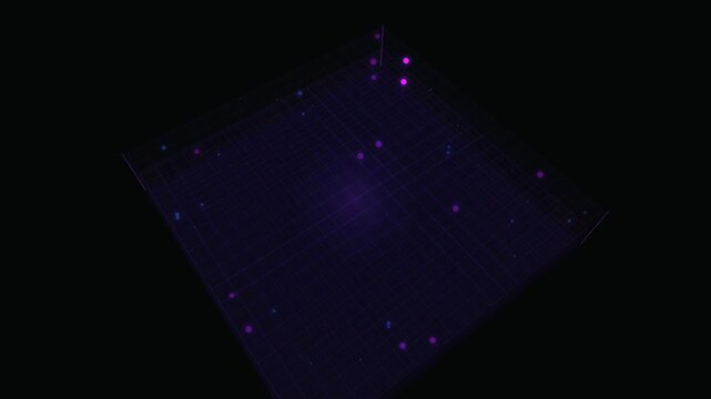 High-tech 3D data visualization grid with glowing purple digital nodes
