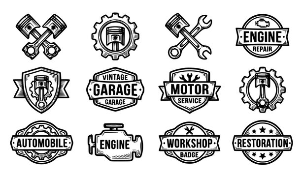 Hand Drawn Vintage Piston Gear Automotive Repair Logo Vector Collection