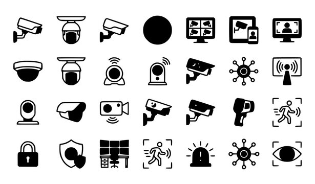 CCTV Security and Surveillance Camera Flat Outline Vector Icon Set for Apps and Websites