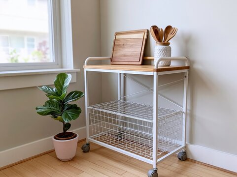 A modern kitchen cart with wooden top and white frame, featuring kitchen utensils and a small plant on a wooden floor near a window