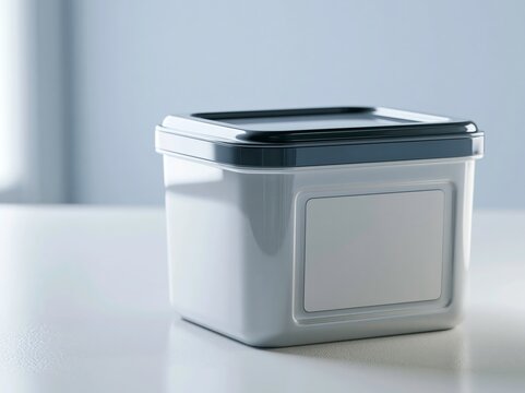 A clean, modern food container with a dark lid, sitting on a reflective surface. The container is white with a blank label, ready for branding or content display