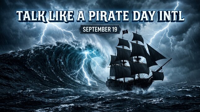 Talk Like a Pirate Day Intl banner, September 19 celebration poster, pirate ship in stormy sea with lightning and waves
