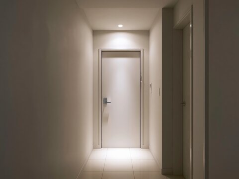 A minimalist hallway with a closed white door at the end. Soft light illuminates the floor in front of the door, creating a tranquil atmosphere