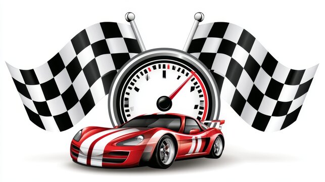 Auto racing concept featuring start and finish flags combined with a car speedometer, designed as a dynamic vector illustration.