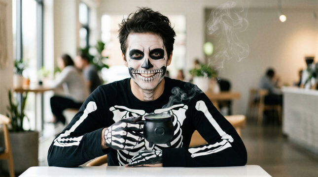 Man with skeleton face paint drinking hot beverage from black cauldron mug in cafe. Person dressed in halloween costume celebrating autumn holiday. Festive mood and fun party concept.