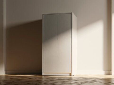 A modern, minimalist wardrobe stands bathed in soft light and shadow against a plain wall, highlighting its clean lines and simple design.