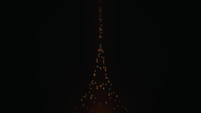 Digital binary code stream flowing upwards on black background