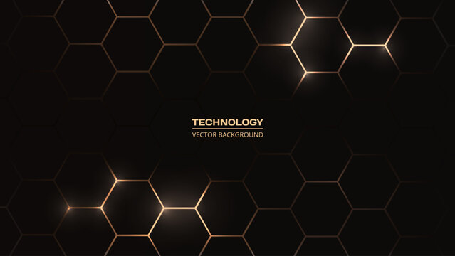 Hexagon technology black and gold colored honeycomb abstract background. Vector illustration