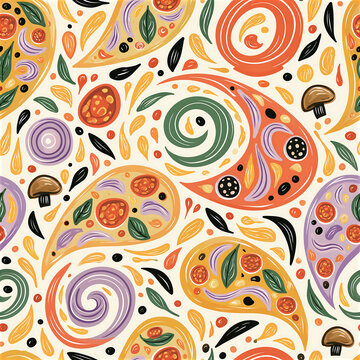 Seamless doodle pizza pattern with colorful toppings and swirls