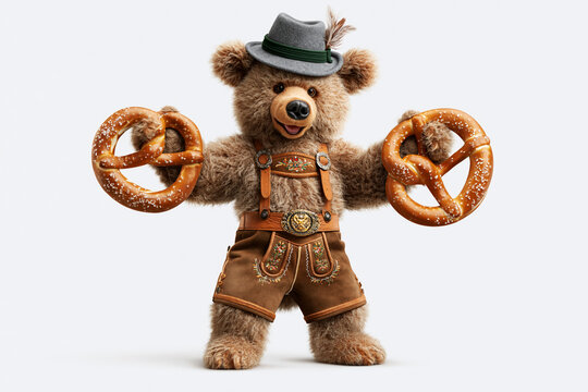 Bear in feathered hat and lederhosen holding two pretzels, Oktoberfest costume portrait