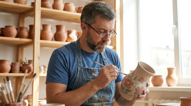 Senior Artisan Painting a Ceramic Vase in a Bright Airy Studio