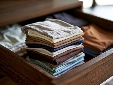Neatly folded stack of clothes in a drawer. This image evokes a sense of organization and calm, perfect for lifestyle or home organization themes