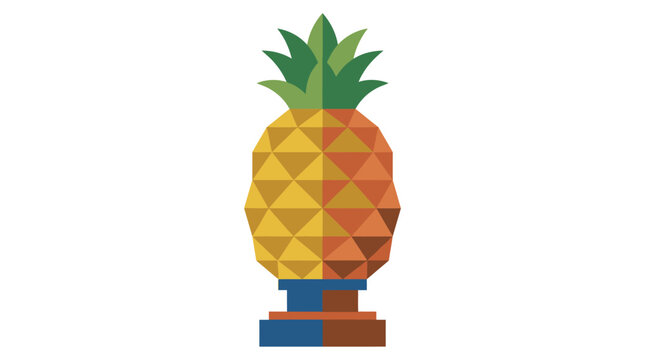 A geometric pineapple sculpture made of ceramic material stands centered against a plain white background with sculpture split color solid base