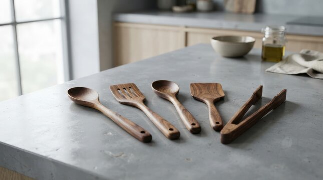 Wooden Kitchen Utensil Set: A collection of elegant wooden kitchen utensils, including spoons, spatulas, and tongs, are neatly arranged on a modern countertop, ready for culinary endeavors.