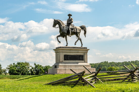 Gettysburg, Pennsylvania, USA - August 24th 2026 - Historic equestrian monument to Major General John Fulton Reynolds on Chambersburg Pike near McPherson Ridge in Gettysburg, Pennsylvania.