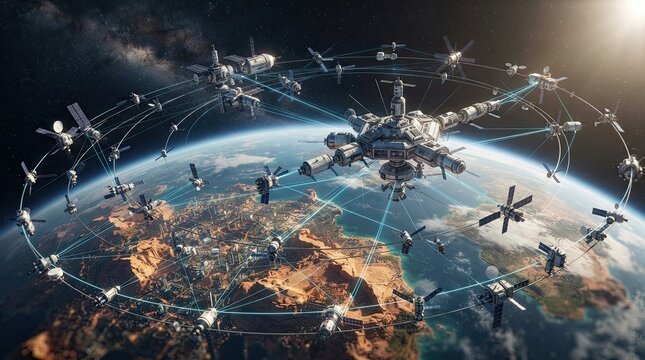 Orbital Network: A futuristic orbital network of satellites and a space station encircles the Earth, showcasing advanced technology and global connectivity.