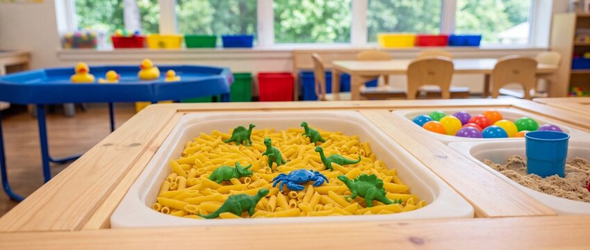 Sensory play table with dried pasta and plastic toy dinosaurs inside a bright preschool classroom with plastic dinosaur figures table bin filled wooden sensory with kindergarten