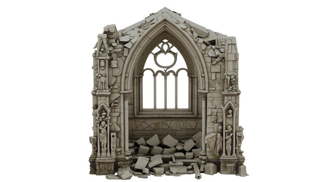 3d rendering collapsed gothic chapel ruin with broken walls and debris