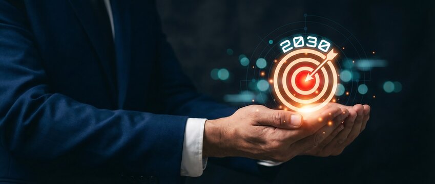 Businessman holding glowing target and dart symbol with year 2030 goal strategy interface
